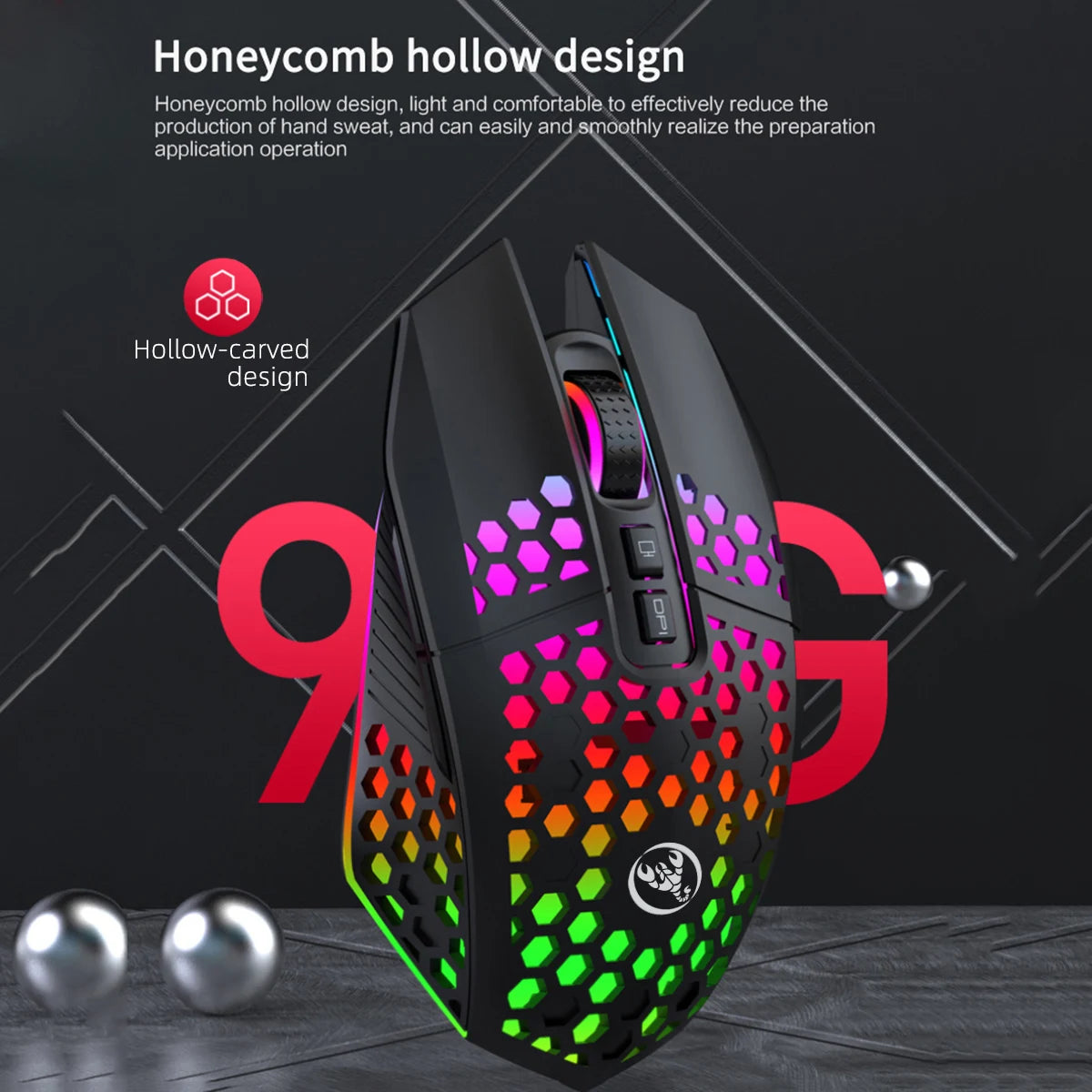 Wireless Gaming Mouse - Ergonomic Design with RGB Lighting, Type-C USB Charging, Honeycomb Shell, Right-Handed, Optical Precisio
