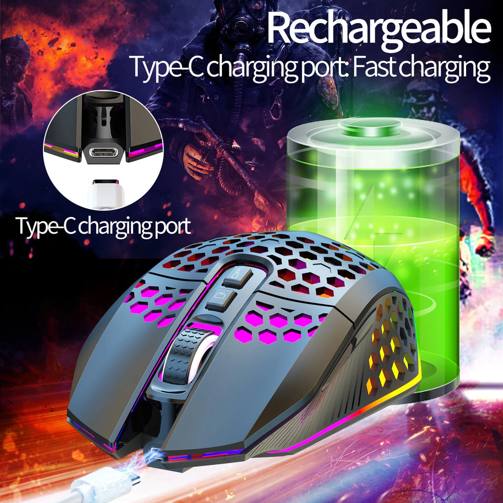 Wireless Gaming Mouse - Ergonomic Design with RGB Lighting, Type-C USB Charging, Honeycomb Shell, Right-Handed, Optical Precisio