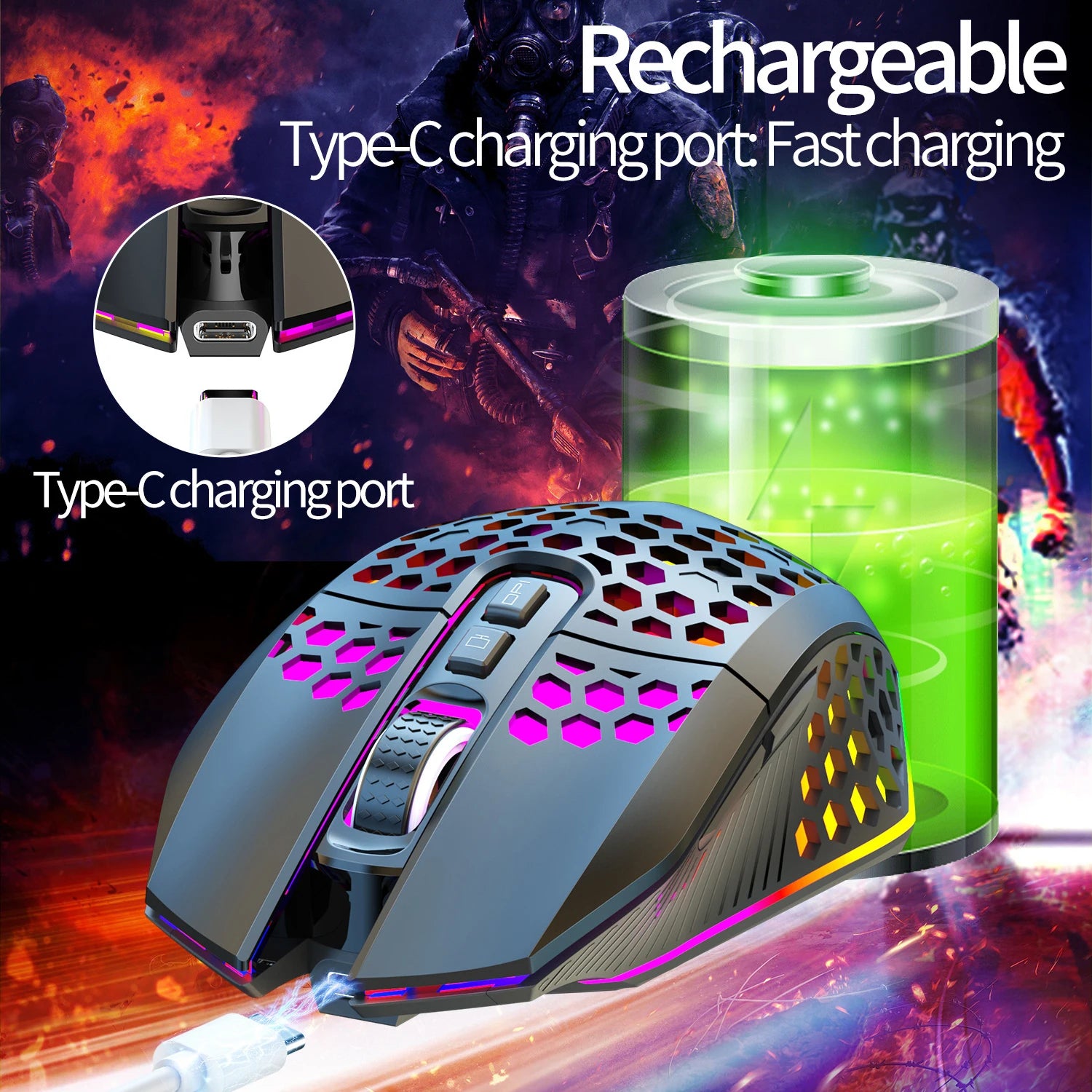 Wireless Gaming Mouse - Ergonomic Design with RGB Lighting, Type-C USB Charging, Honeycomb Shell, Right-Handed, Optical Precisio