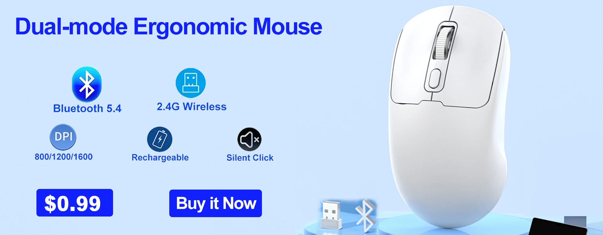 2.4G Wireless Mouse Gaming Mouse Ergonomic Mice 800-1200-1600 DPI Mouse Rechargeable Office Mice for PC Laptop Macbook Pro