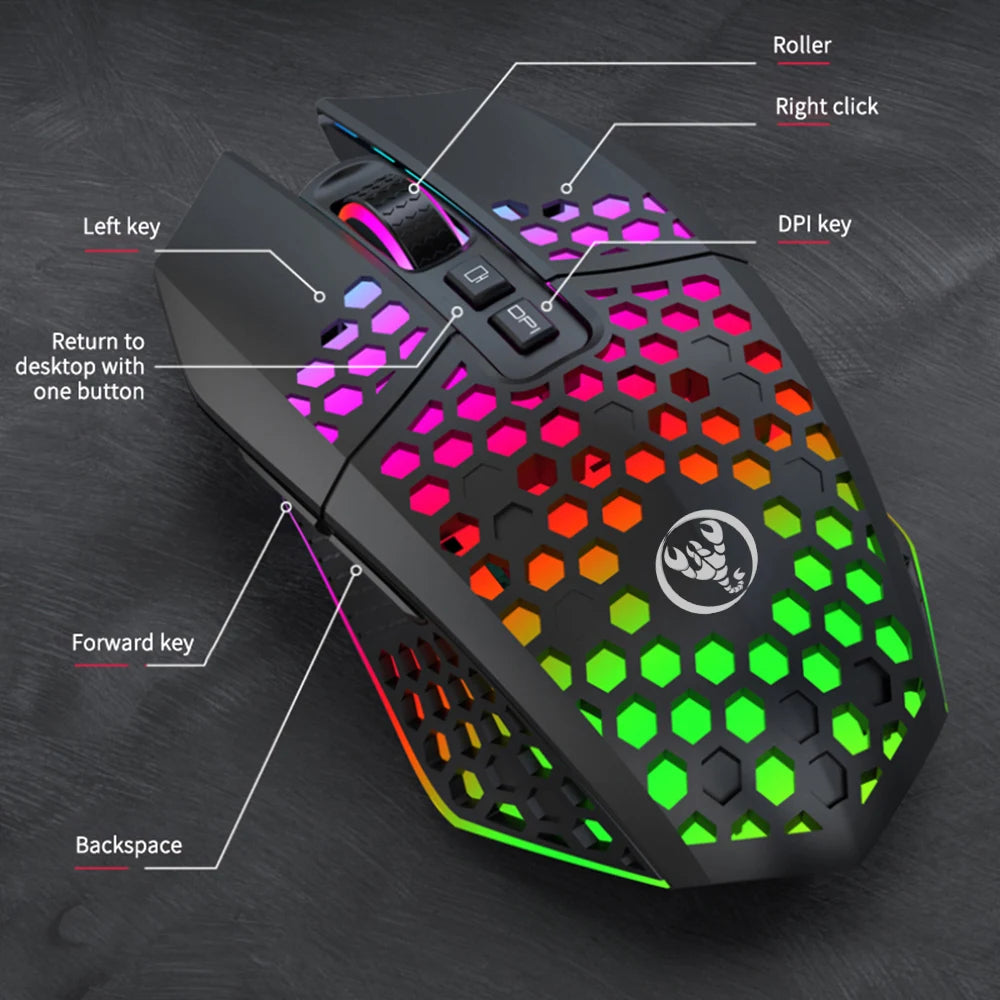 Wireless Gaming Mouse - Ergonomic Design with RGB Lighting, Type-C USB Charging, Honeycomb Shell, Right-Handed, Optical Precisio