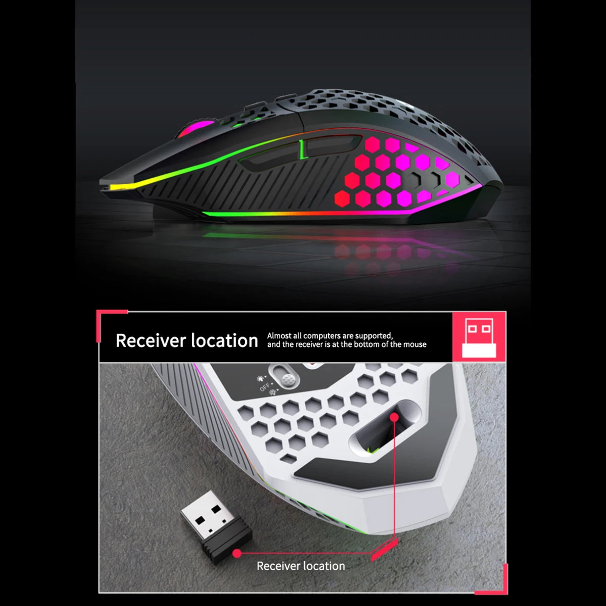 Wireless Gaming Mouse - Ergonomic Design with RGB Lighting, Type-C USB Charging, Honeycomb Shell, Right-Handed, Optical Precisio