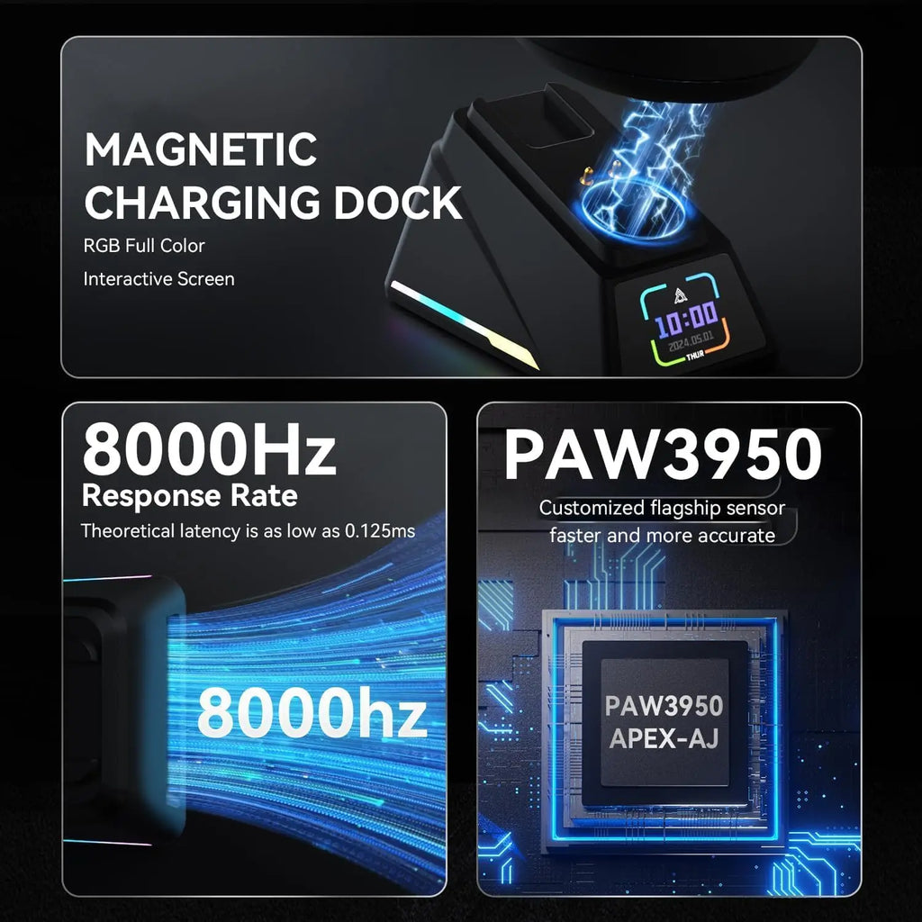 AJAZZ AJ159 APEX PAW3950 Wireless Mouse, Gaming Mouse, 2.4G/BT/USB-C Sensor, Light 56g, with 8K Magnet Charging Dock, Gaming Acc