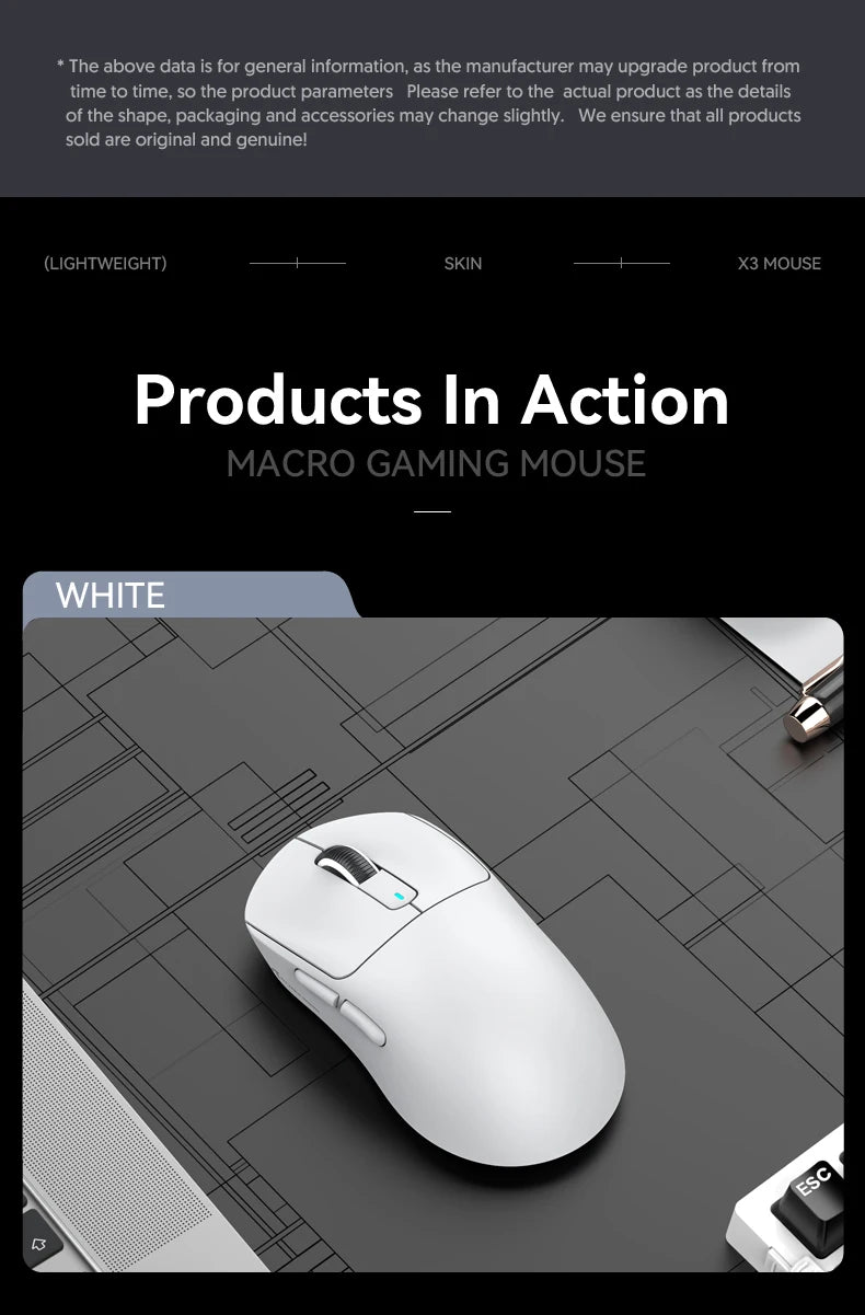 X3  PixArt PAW3395 Bluetooth Mouse 2.4G Tri-Mode Connection, 26000dpi, 650IPS, 49g Lightweight Macro Gaming Mouse