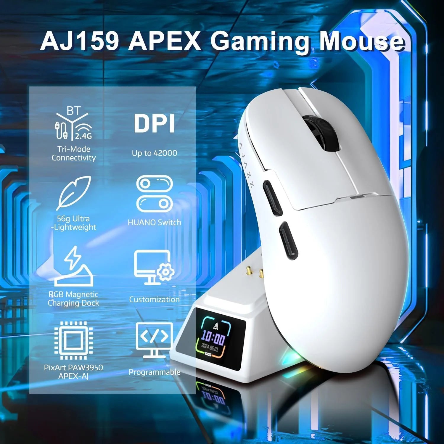 AJAZZ AJ159 APEX PAW3950 Wireless Mouse, Gaming Mouse, 2.4G/BT/USB-C Sensor, Light 56g, with 8K Magnet Charging Dock, Gaming Acc