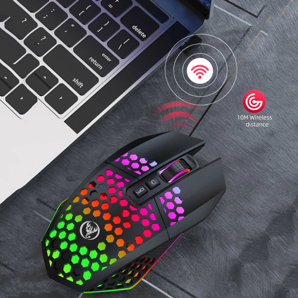 Wireless Gaming Mouse - Ergonomic Design with RGB Lighting, Type-C USB Charging, Honeycomb Shell, Right-Handed, Optical Precisio