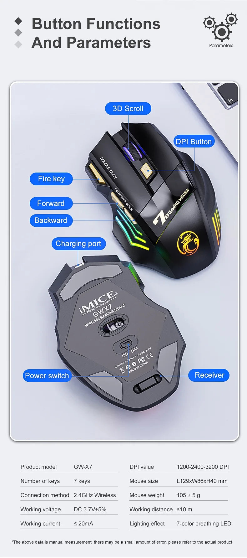 Wireless Gaming Mouse USB IMICE GW-X7 3200DPI Dual Mode Rechargeable 7 Keys 2.4Ghz Silent Mouse Bluetooth 7-color Breathing LED