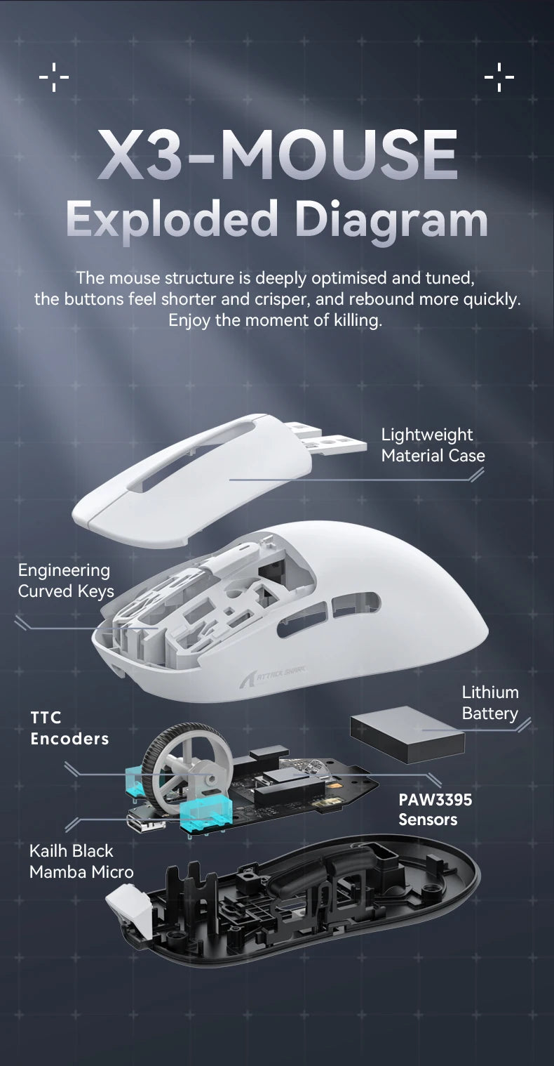 X3  PixArt PAW3395 Bluetooth Mouse 2.4G Tri-Mode Connection, 26000dpi, 650IPS, 49g Lightweight Macro Gaming Mouse