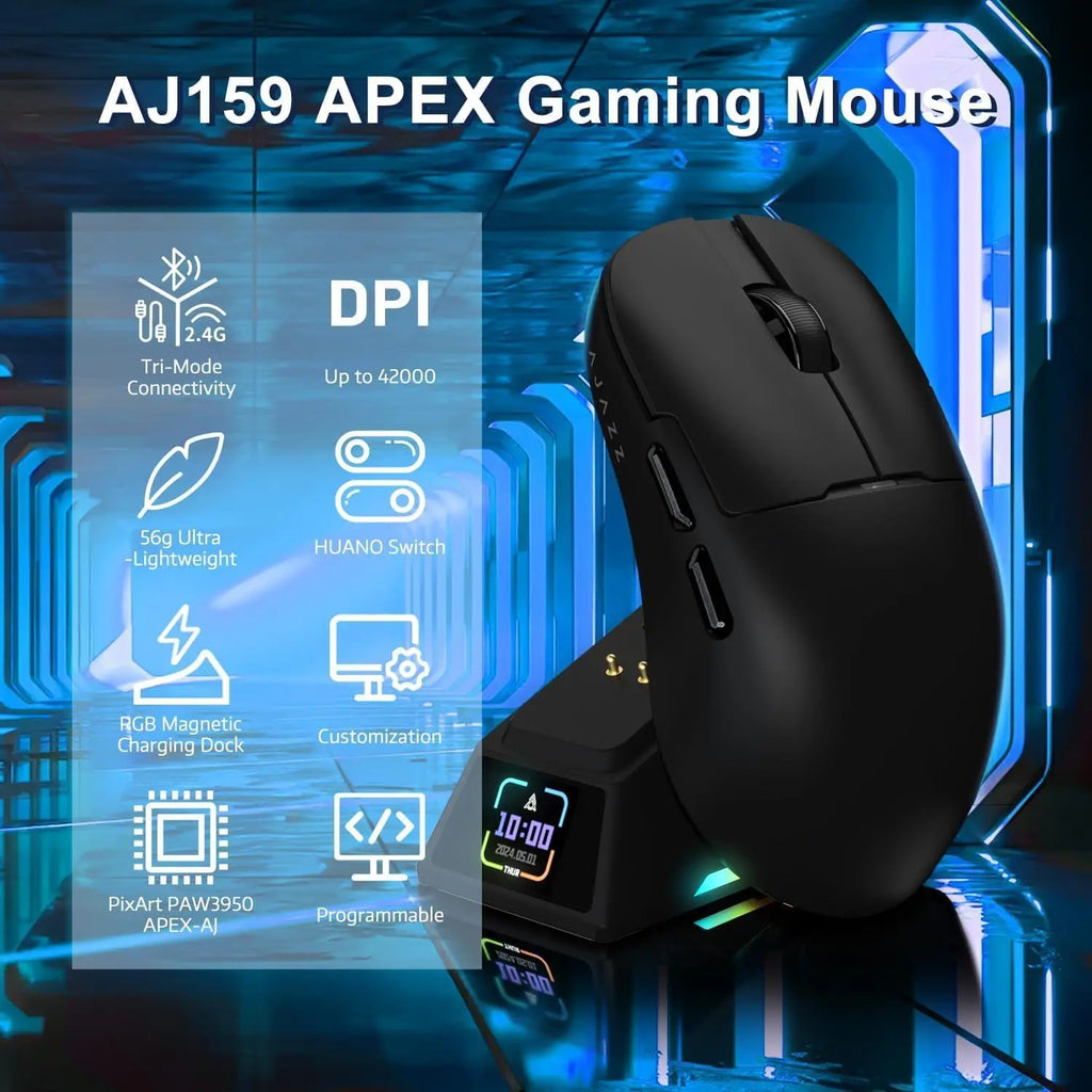 AJAZZ AJ159 APEX PAW3950 Wireless Mouse, Gaming Mouse, 2.4G/BT/USB-C Sensor, Light 56g, with 8K Magnet Charging Dock, Gaming Acc