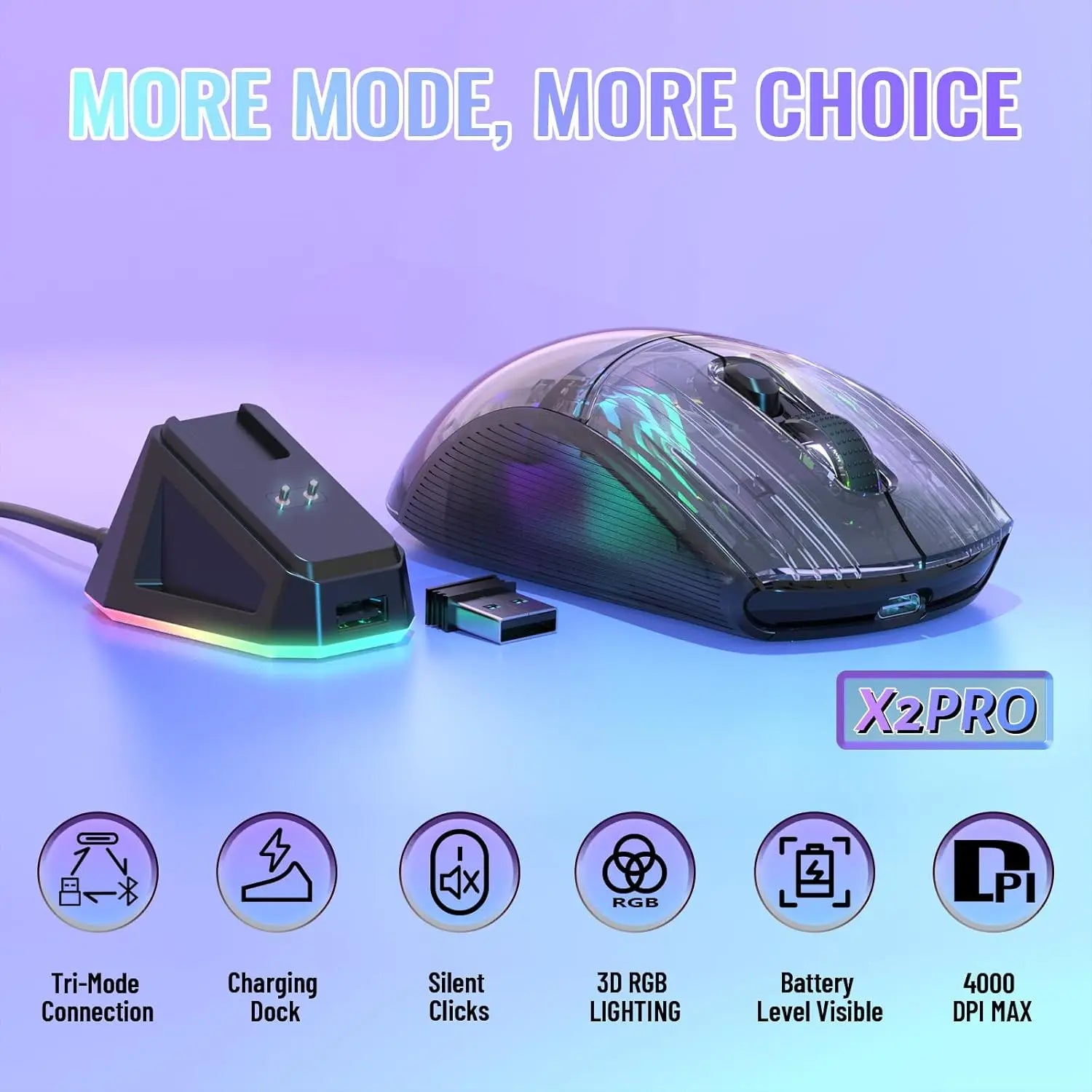ATTACK SHARK X2 Pro Wireless Gaming Mouse with RGB Charging Dock, Tri-Mode PC Gaming Mice 2.4G/Bluetooth/Wired