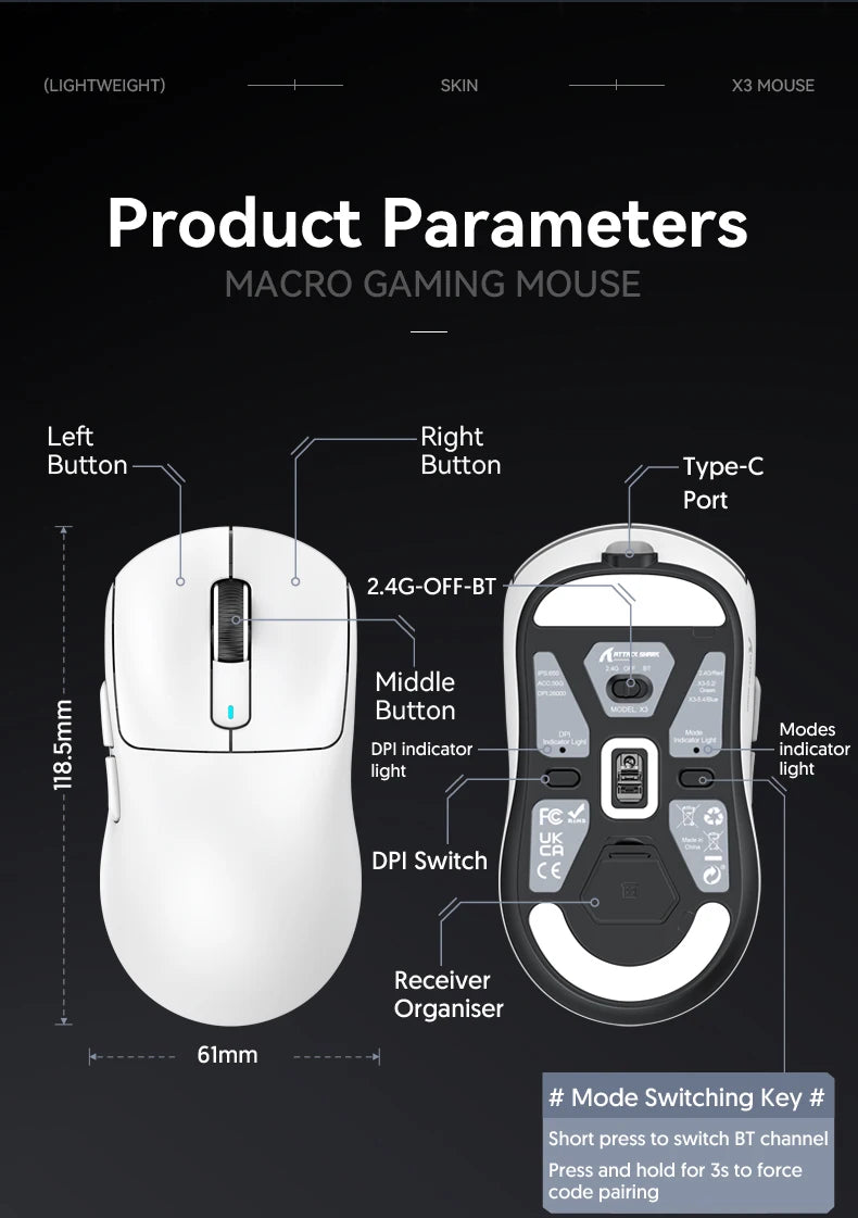 X3  PixArt PAW3395 Bluetooth Mouse 2.4G Tri-Mode Connection, 26000dpi, 650IPS, 49g Lightweight Macro Gaming Mouse