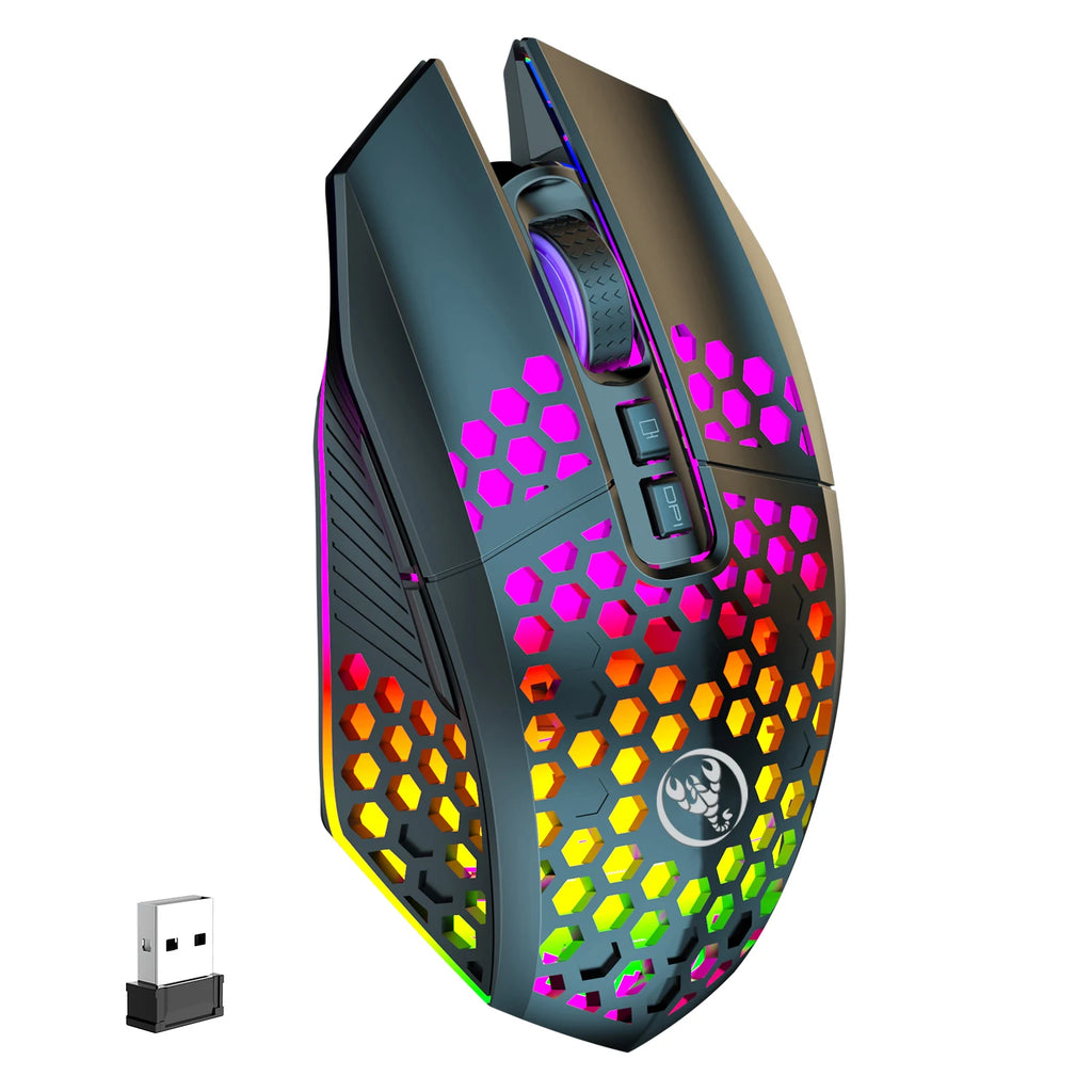 Wireless Gaming Mouse - Ergonomic Design with RGB Lighting, Type-C USB Charging, Honeycomb Shell, Right-Handed, Optical Precisio