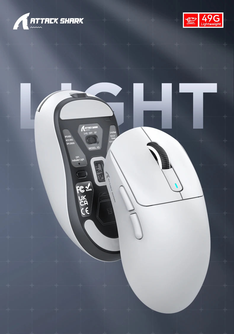X3  PixArt PAW3395 Bluetooth Mouse 2.4G Tri-Mode Connection, 26000dpi, 650IPS, 49g Lightweight Macro Gaming Mouse